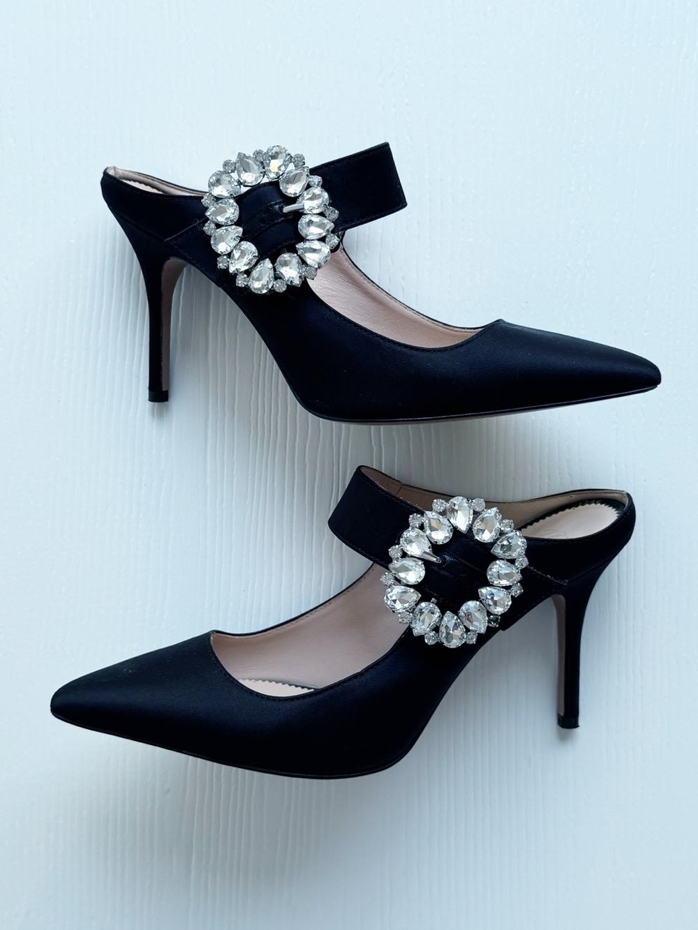 J.Crew Elsie Mary Jane Satin Mules Jewel Buckle Black Heels Made in Italy Size 6 - Picture 3 of 12